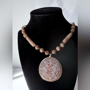 Unique Vintage Carved Pink Alabaster Gemstone Aztec Sun Necklace Pendant